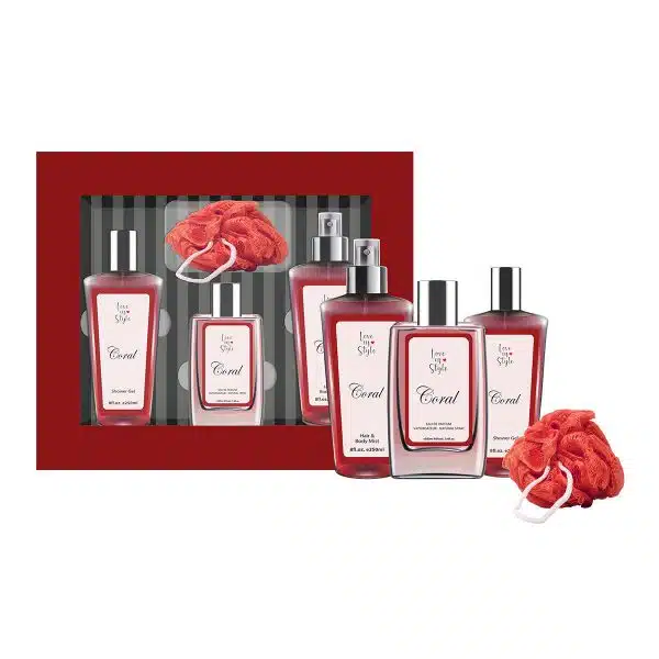 CORAL SET EDP 100ML + HAIR &BODY MIST 250ML+ SG 250ML+ BATH SPONGE